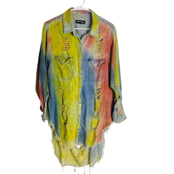 Thrill Jeans Distressed Tunic Shirt Womens 1X Colorful Stripe Acid Wash Grunge - Picture 1 of 8